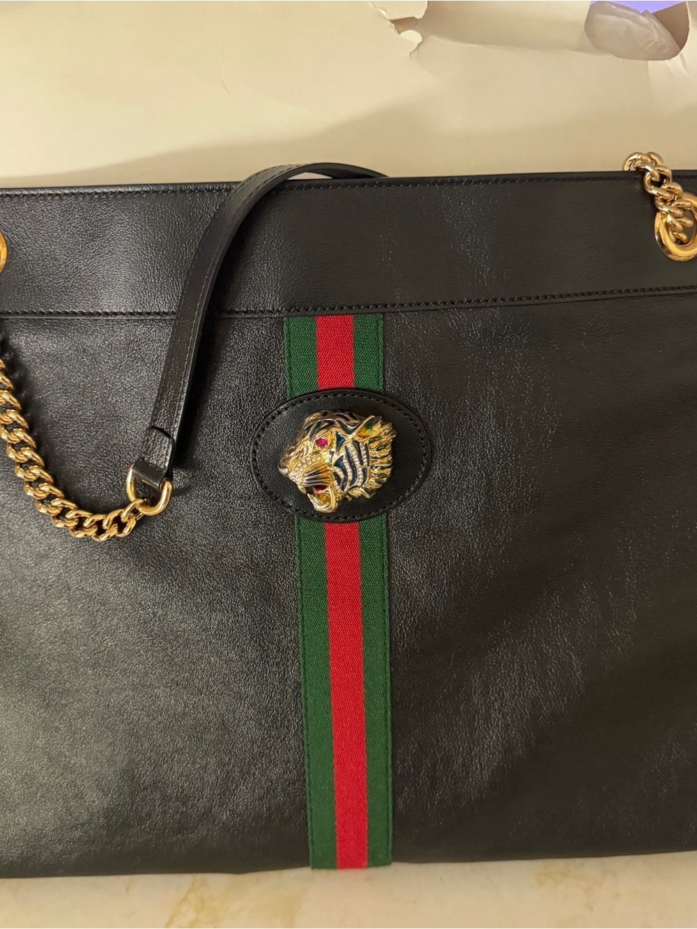 Gucci Black Leather Tote with Green and Red Web and Gold Tiger Head
